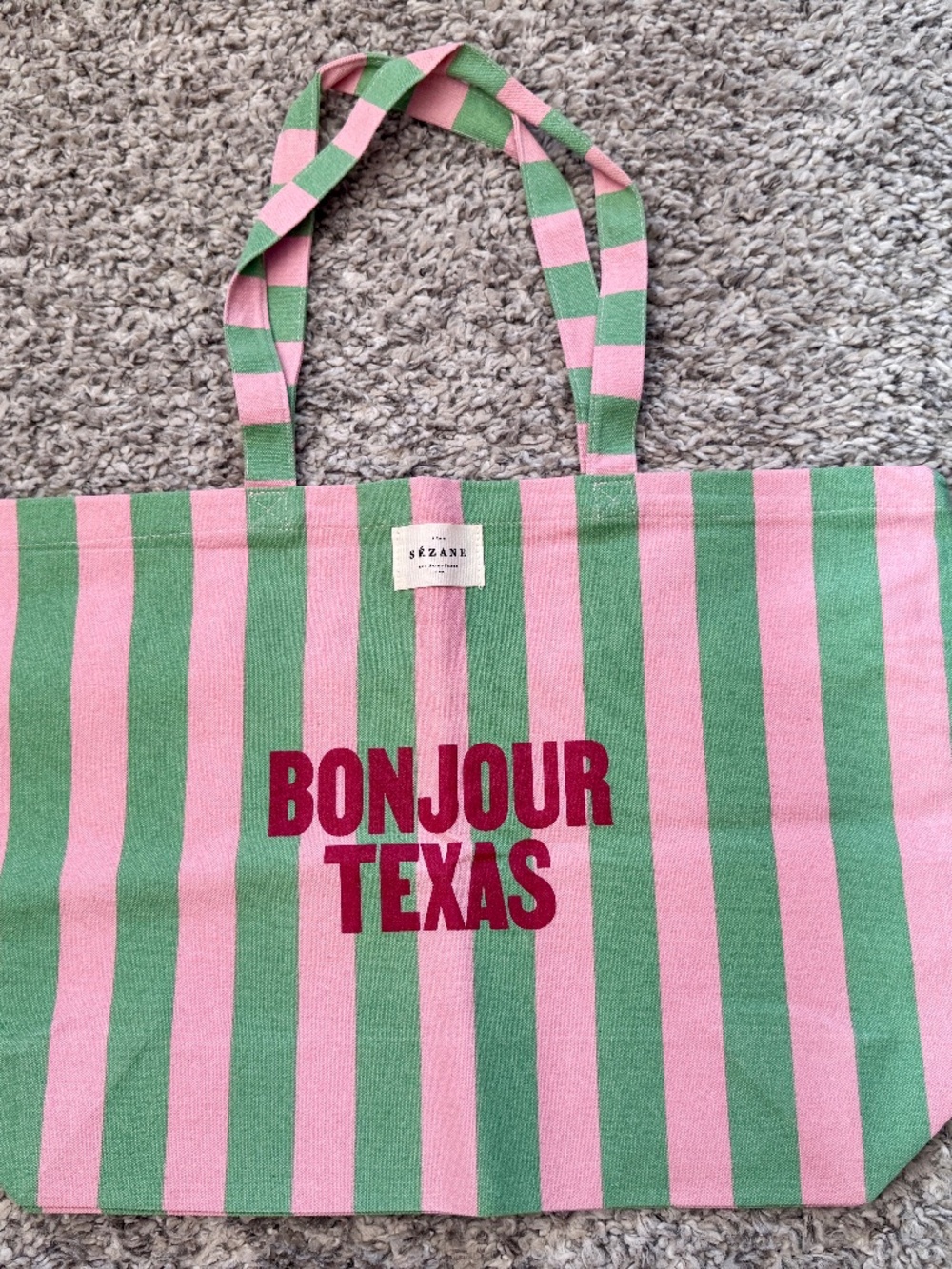 Limited edition Sézane Bonjour Texas canvas tote bag in pink and green stripes